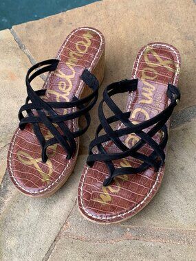 Sam Edelman Reana Strappy Suede Thong Cork Wedge Sandals Sz8